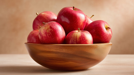 Ripe red apples in a wooden bowl on a beige backgroundの素材