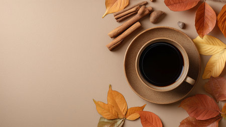 Cup of coffee and autumn leaves on beige background, top viewの素材