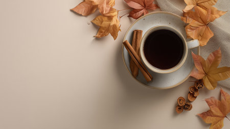 Autumn composition. Cup of coffee, autumn leaves and cinnamon sticks on beige background. Flat lay, top view, copy spaceの素材