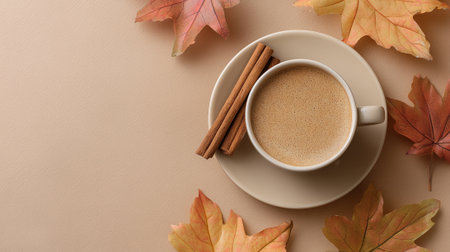Cup of coffee and autumn leaves on beige background, top viewの素材