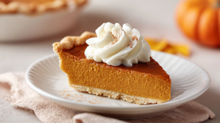Pumpkin pie with whipped cream on a plate, closeupの素材
