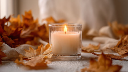 Burning candle and autumn leaves on table, closeup. Space for textの素材