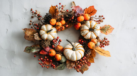 Autumn wreath with pumpkins and leaves on a white backgroundの素材
