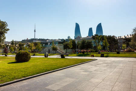 Azerbaijan, Baku, panorama of the city. Tourist places for walking along the shore of the Caspian Sea. The architecture of the old and new city. Without peopleの写真素材