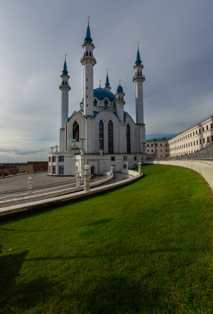 Kul Sharif Mosque in the Kazan Kremlin at sunset. Vertical frame for social networks with space for text.の写真素材