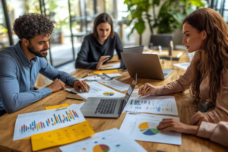 A group of young professionals in smart casual attire collaborating in a sleek, modern office space, showcasing teamwork and innovation.の写真素材