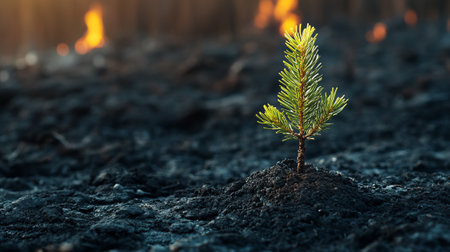 A resilient pine sapling emerges from charred forest remnants, symbolizing regeneration and hope as nature recovers from devastation.の写真素材