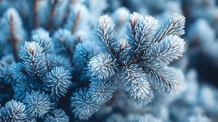 Evergreen tree branches covered in frost showcase winter's stark beauty and the resilience of plants in cold weather.の写真素材