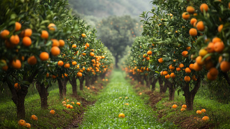 Rows of apple and orange trees in a lush orchard, ripe with fruit and green grass, showcasing harvest and organic farming.の写真素材