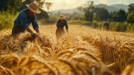 Farmers harvesting golden wheat by hand in a traditional, rural field, capturing the essence of old-world agricultural practices and the connection between people and plants.の写真素材