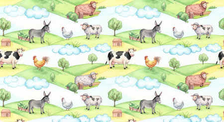 Seamless pattern with farm animals. Watercolor hand drawn illustrationの素材