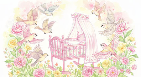 Baby shower invitation card with cute doves and newborn baby carriage.の素材