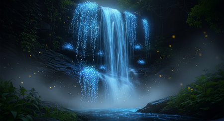 3d rendering of a waterfall in the forest at night with neon lightsの素材