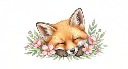 Cute fox with flowers and leaves isolated on white background. Watercolor illustrationの素材