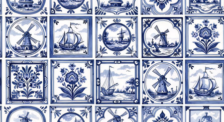 Old portuguese azulejo tiles with windmills.の素材
