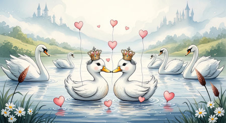 Illustration of swans in love floating on the water with heartsの素材