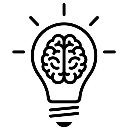 A minimalist black and white illustration showing a lightbulb containing a brain. Radiating lines suggest a bright idea, representing innovation and intelligence.のイラスト素材