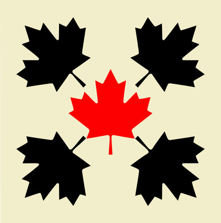 a minimalist image featuring four black maple leaves surrounding a single red maple leaf, all set against a beige backdrop, creating a simple yet striking design.のイラスト素材