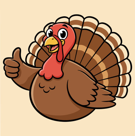 A friendly cartoon turkey with brown and white feathers is giving a thumbs up. The turkey has a cheerful expression and is set against a light beige background. Happy holiday!のイラスト素材