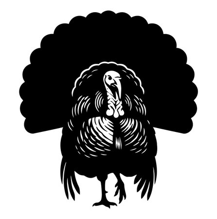 A monochrome illustration of a turkey. The bird has a large tail fan and detailed feather patterns. It is isolated on a white background, creating a striking contrast and simple design.のイラスト素材