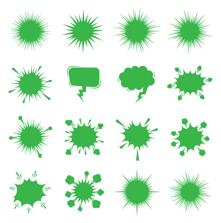 This image shows a collection of sixteen green graphic bursts and speech bubbles arranged in a grid format against a clean white background. The bursts are varied.のイラスト素材