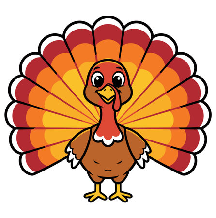 this is a cartoon illustration of a turkey with a colorful tail. the turkey is standing on a white background. it is a cute and festive image perfect for thanksgiving.のイラスト素材
