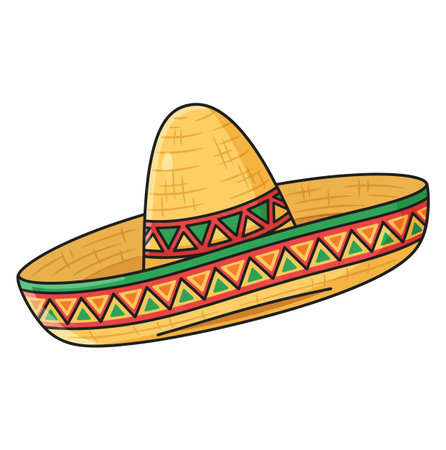 this is a cartoon illustration of a yellow sombrero. the hat has colorful geometric patterns. it is isolated on a white background, perfect for festive designs and celebrationsのイラスト素材