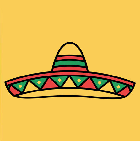 This is an illustration of a sombrero. The hat is red and green and has a black outline. The background is yellow. It is a cartoon style drawing of mexican culture.のイラスト素材