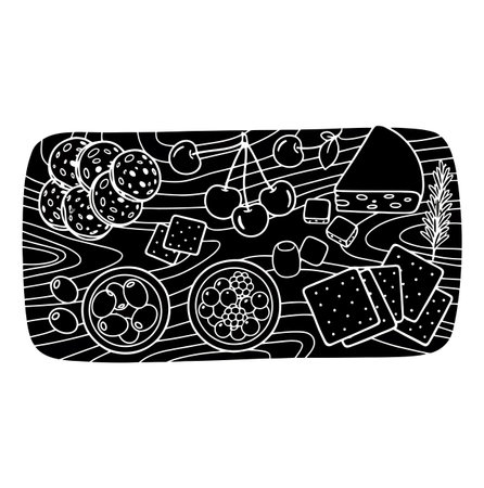 this is a black and white illustration of a charcuterie board. it features salami, cherries, cheese, crackers, olives, and berries arranged on a wooden surface, a tasty appetizer.のイラスト素材