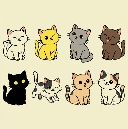 A delightful cartoon image featuring eight adorable cats in different colors and poses, set against a soft yellow background, creating a cheerful and playful feel.のイラスト素材