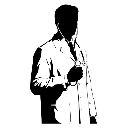 a striking silhouette of a doctor, clad in a white coat and stethoscope, set against a clean white backdrop, embodying health, medicine, and professional careのイラスト素材