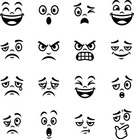 This black and white illustration showcases a variety of cartoon faces, each expressing a different emotion, from happiness and sadness to anger and surprise, in a vector style.のイラスト素材