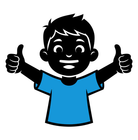 a cartoon illustration of a young boy with black skin wearing a blue shirt, giving two thumbs up, set against a clean white background, conveying a sense of positivity.のイラスト素材