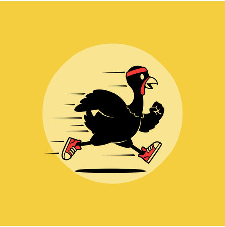 A cartoon illustration shows a black turkey wearing red shoes and a headband, running fast against a yellow backdrop, conveying speed and athletic activity. Exactly!のイラスト素材