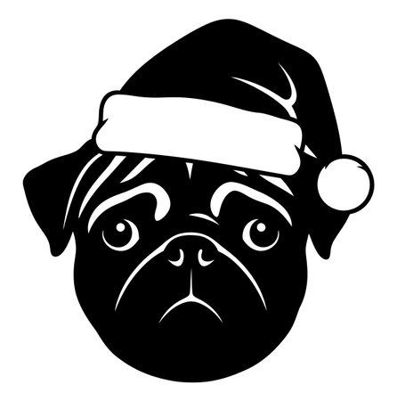 A monochrome graphic features a pug donning a santa hat, blending holiday cheer with canine charm. The design is simple, yet festive, perfect for seasonal greetings.のイラスト素材