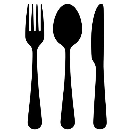 this is a black and white image of a fork, spoon and knife. the image is simple and minimalist, showing the basic shapes of the cutlery on a white background.のイラスト素材