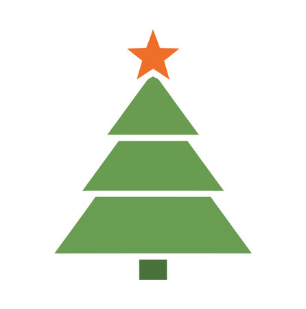a minimalist christmas tree design featuring a green tree with triangular sections and an orange star on top, set against a clean white background for festive cheer.のイラスト素材