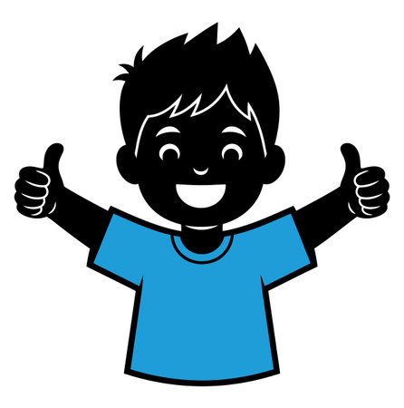 A cartoon illustration shows a happy boy with black hair and a blue shirt, giving two thumbs up, symbolizing positivity and approval with a cheerful smile on a white background.のイラスト素材