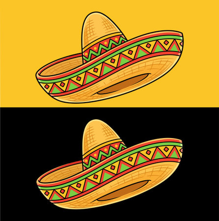 The image showcases two sombrero hats, each rendered in a vibrant cartoon style, set against a split yellow and black background. The hats are detailed and colorful.のイラスト素材