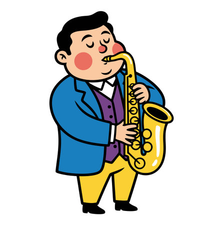 A cartoon illustration shows a man with closed eyes playing a golden saxophone. He wears a blue jacket and yellow pants, exuding a cheerful and artistic vibe. Enjoy the music!のイラスト素材