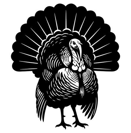 a striking black and white illustration showcases a turkey with its magnificent tail feathers fully fanned, creating a captivating and detailed graphic representationのイラスト素材