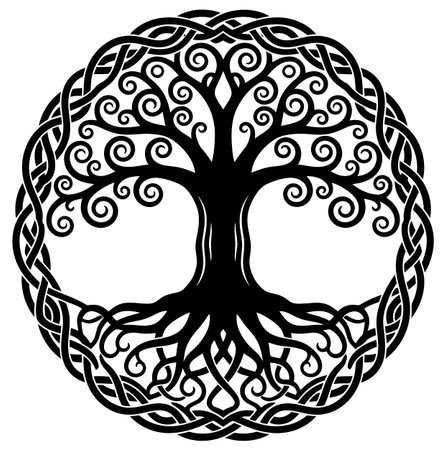 this is a black and white graphic illustration of a tree of life symbol with celtic knotwork. it features intricate interwoven patterns and spiral details throughout the designのイラスト素材