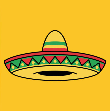 This image features a cartoon style sombrero with red, green, and yellow stripes. The background is a solid yellow color. It is a festive and colorful image. Perfect for Cinco de Mayo!のイラスト素材