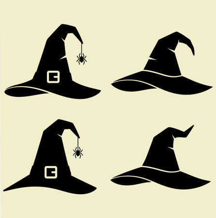Four black witch hats are featured, two with hanging spiders. They have different designs on a beige background, perfect for halloween, spooky season, or magical themes.のイラスト素材
