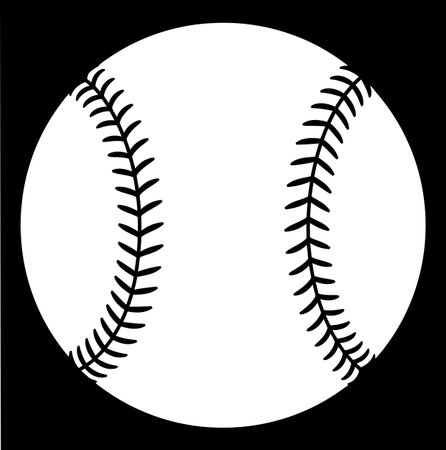 a graphic illustration of a baseball. the baseball is white with black stitches. it is isolated on a black background. the image is simple, clean, and minimalist. it is a vector image.のイラスト素材