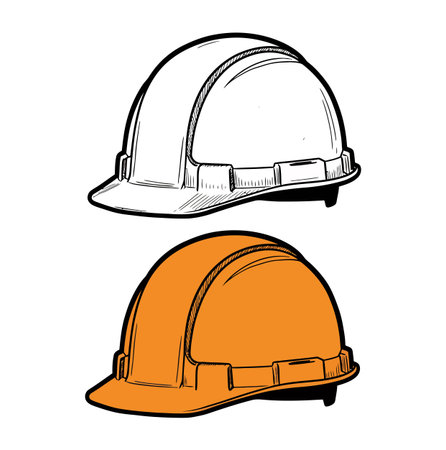 This illustration features a white hard hat positioned above an orange hard hat, both outlined in black, set against a clean white background. It represents safety and work gear.のイラスト素材