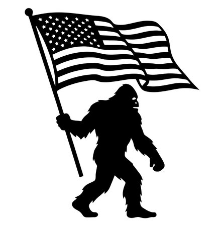 a black silhouette of bigfoot is carrying the american flag on a white background in vector illustration, showing patriotism and national pride in a simple designのイラスト素材