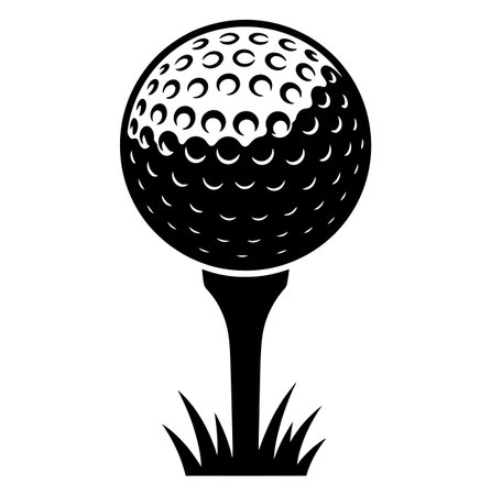 This is a black and white illustration of a golf ball placed on a tee, with grass at the base. It is a simple and clean design, suitable for various golf-related themes.のイラスト素材