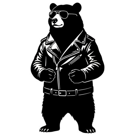 A black and white vector illustration of a bear. The bear is wearing sunglasses and a leather jacket. It is standing upright and looks cool and confident in its attire.のイラスト素材