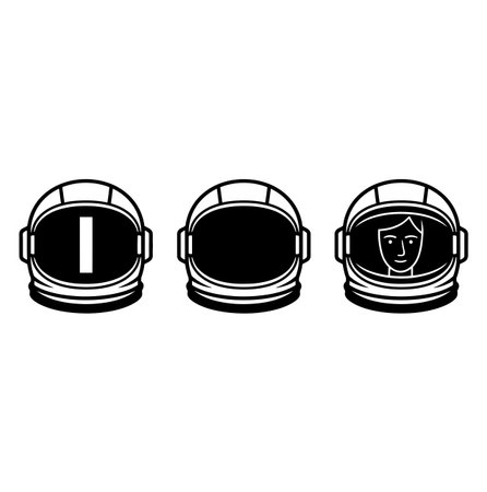 three astronaut helmets are aligned, each with a different visor content: a white bar, a black visor, and a woman's face. The image is a black and white vector illustration.のイラスト素材
